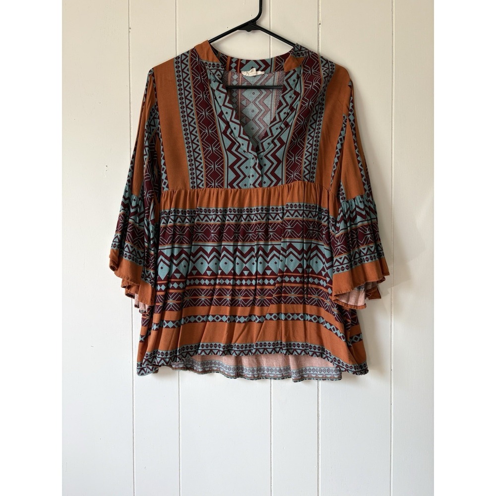 Easel Los Angeles Small Bohemian Tunic Top Rust Teal Aztec Print Bell Sleeve